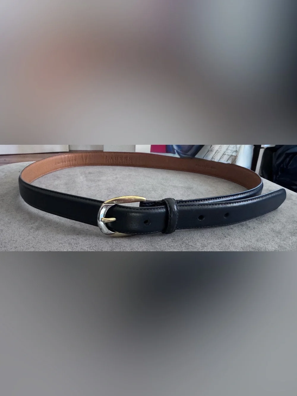 Lauren Ralph Lauren Navy Blue Leather Belt with Gold & Silver Buckle